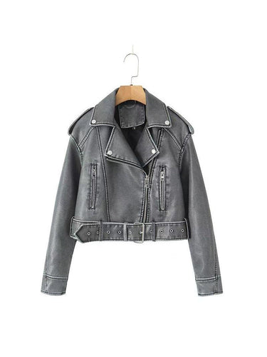 EB | Leder Reverskragen Cropped Jacke mit Gürtel