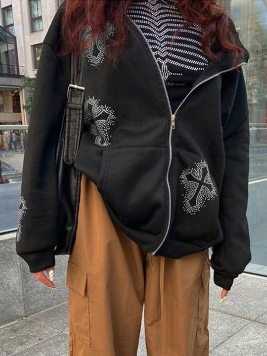 EB | Hoodie mit Reißverschluss Und Strass-Kreuzmuster