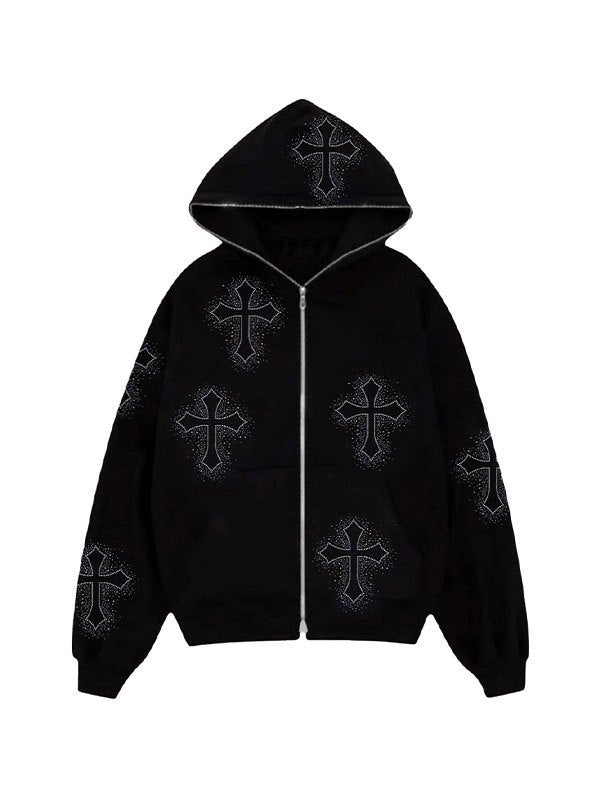 EB | Hoodie mit Reißverschluss Und Strass-Kreuzmuster