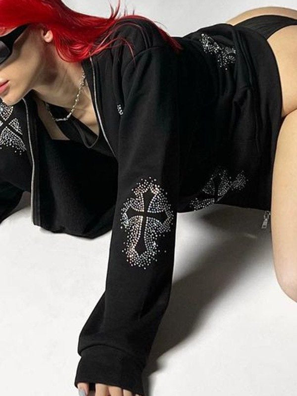 EB | Hoodie mit Reißverschluss Und Strass-Kreuzmuster