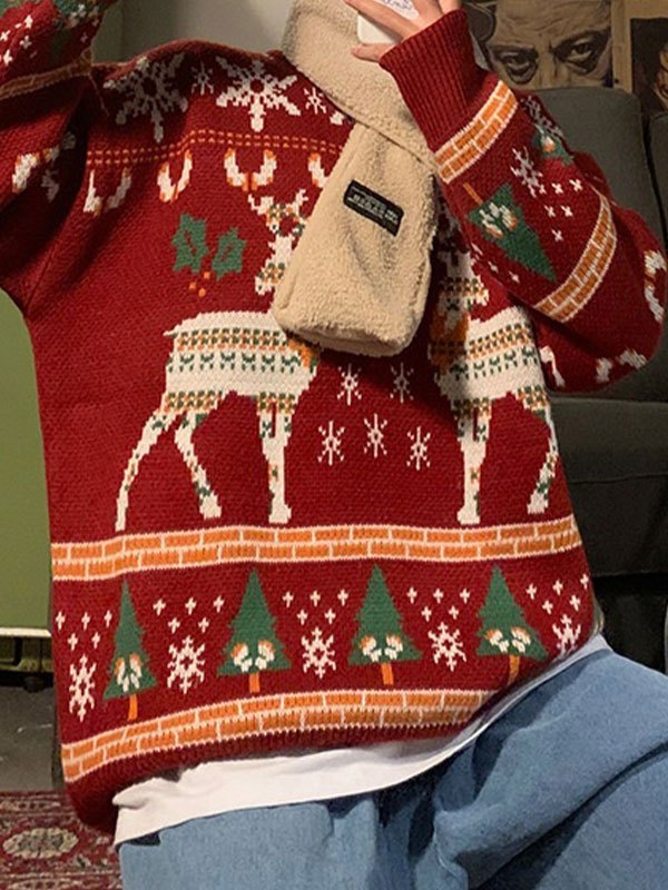 EB | Oversized Weihnachts-Pullover mit Rundhalsausschnitt Und Hirschmuster