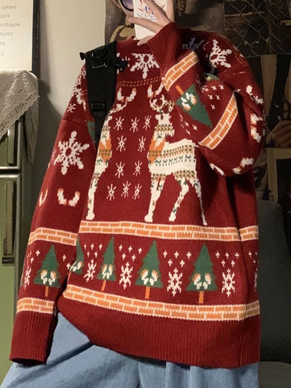EB | Vintage Rundhalsausschnitt Pullover mit Weihnachtshirschdruck