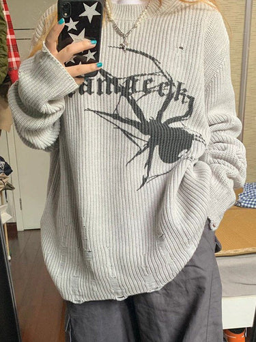 EB | Punk Geripptes Strickpullover mit Bedruckter Spinne