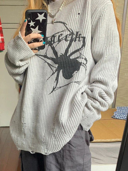 EB | Punk Geripptes Strickpullover mit Bedruckter Spinne