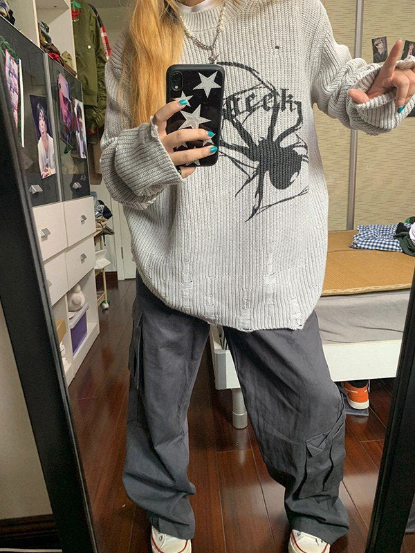 EB | Punk Geripptes Strickpullover mit Bedruckter Spinne