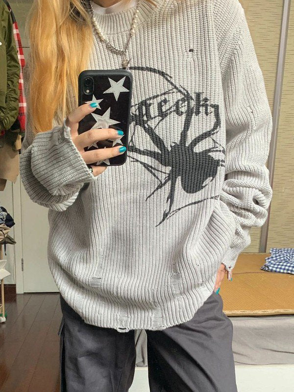 EB | Punk Geripptes Strickpullover mit Bedruckter Spinne