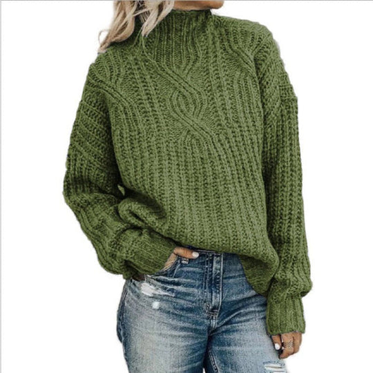 EB | Pullover Wolle Kabelstrick Hoher Kragen Lässiger Schnitt Lange Ärmel