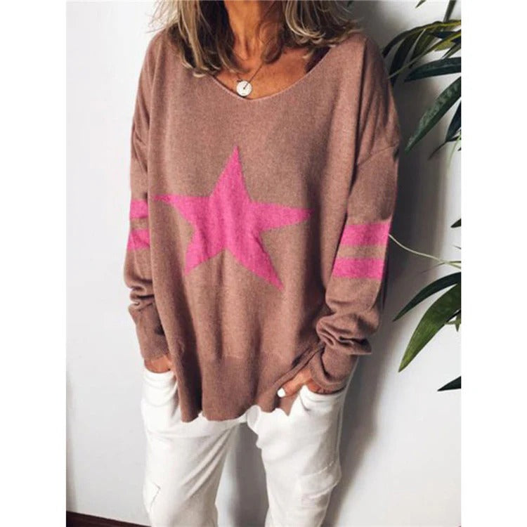 EB | Sweater Relaxed Fit Weiche Strick Stern Druck Lange Ärmel