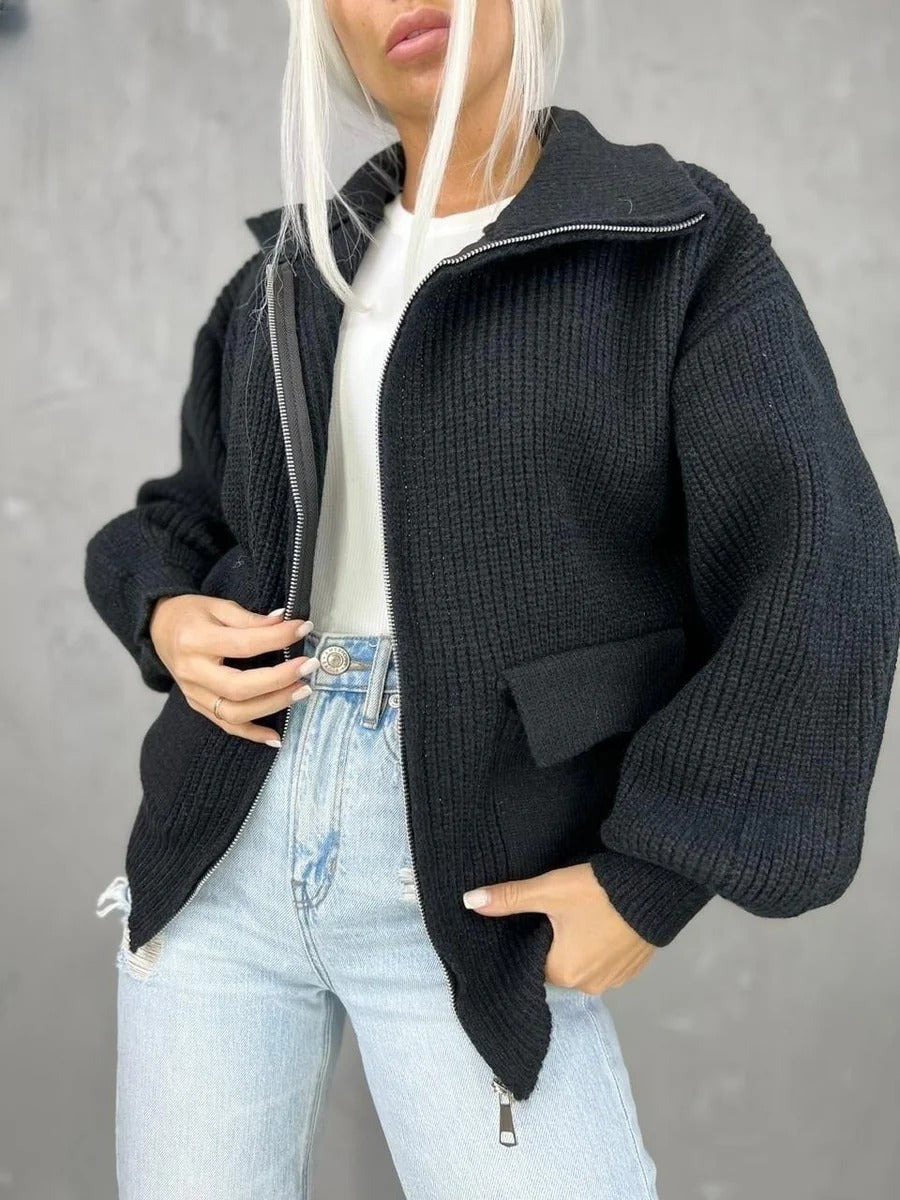 EB | Jacke Strickstoff Lockere Passform Rippstruktur Reißverschluss Taschen