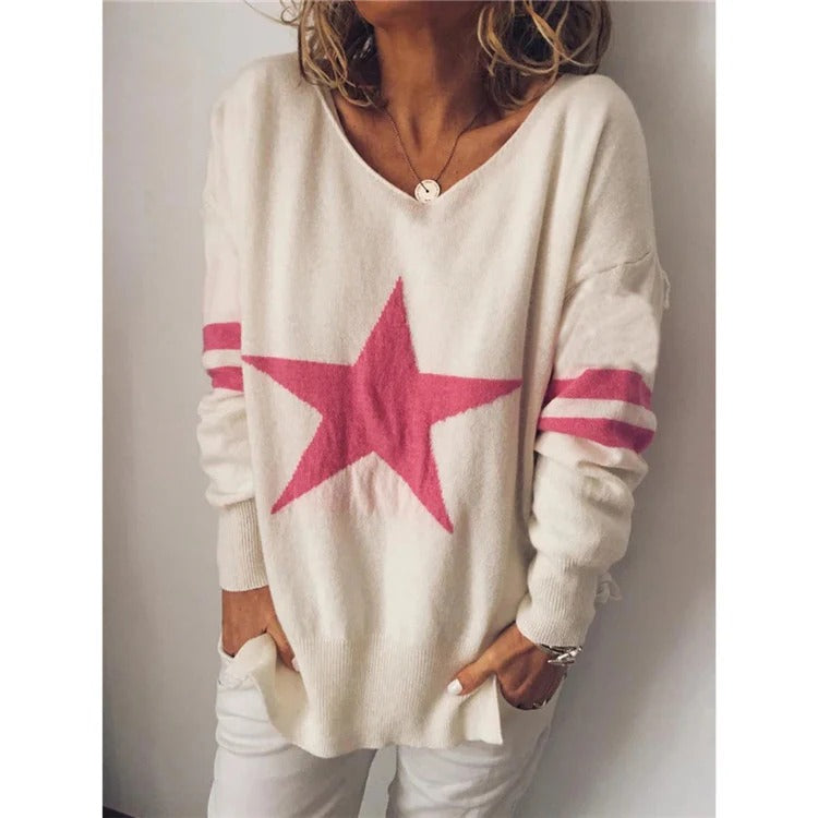 EB | Sweater Relaxed Fit Weiche Strick Stern Druck Lange Ärmel