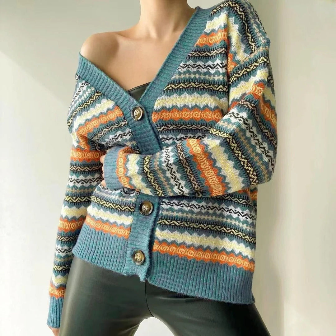 EB | Strickjacke Legere Passform Wollmischung V-Ausschnitt Gemustertes Strickdesign