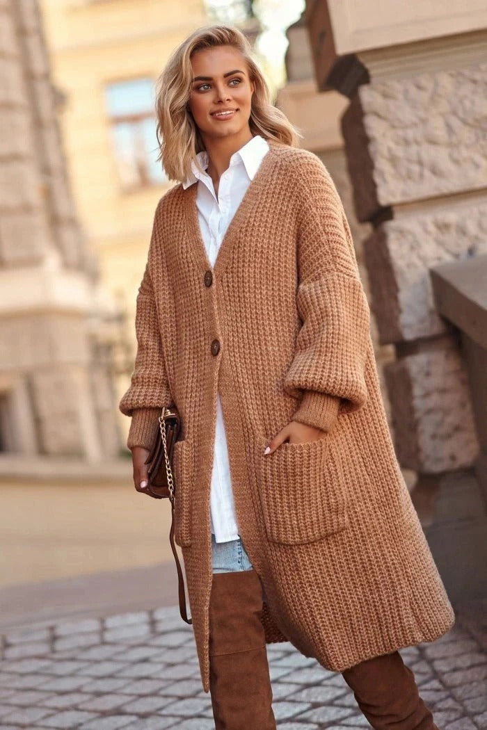 EB | Strickjacke - Oversized Fit - Wolle - Langes Modell - Knopfschluss - Taschen