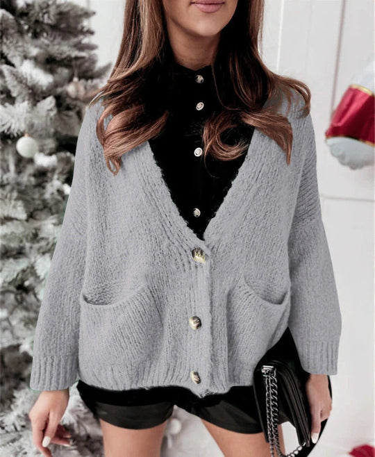 EB | Strickjacke Übergröße Passform Gestrickt V-Ausschnitt Knöpfe Lässiger Stil