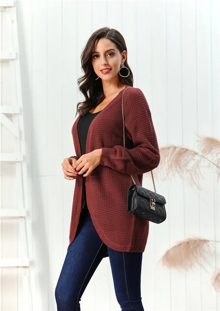 EB | Strickjacke Grobstrick Lockere Passform V-Ausschnitt Offene Frontschicht