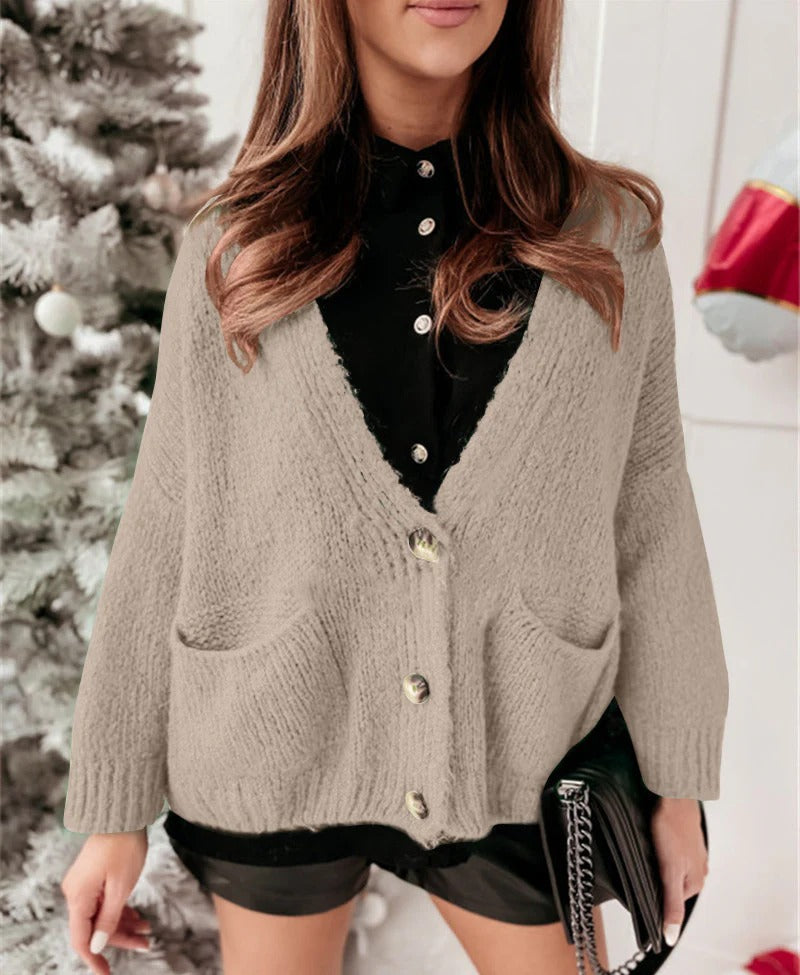 EB | Strickjacke Übergröße Passform Gestrickt V-Ausschnitt Knöpfe Lässiger Stil