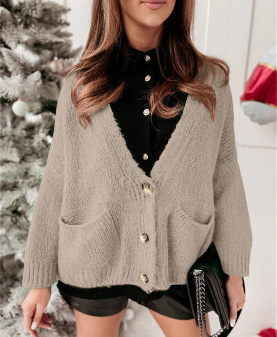 EB | Strickjacke Übergröße Passform Gestrickt V-Ausschnitt Knöpfe Lässiger Stil