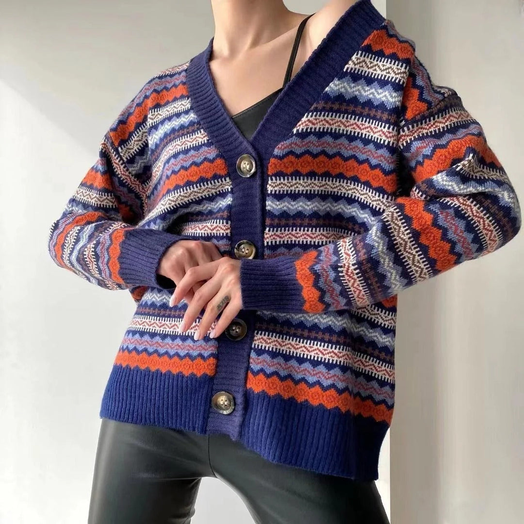 EB | Strickjacke Legere Passform Wollmischung V-Ausschnitt Gemustertes Strickdesign