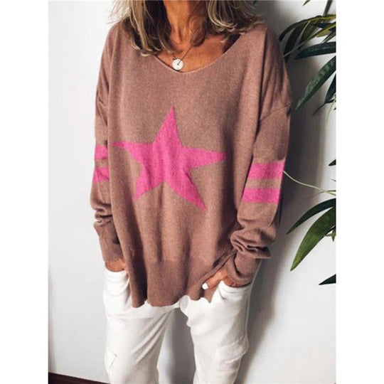 EB | Sweater Relaxed Fit Weiche Strick Stern Druck Lange Ärmel