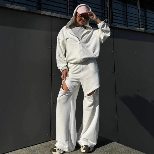 EB | Loungewear Set Lässige Passform Zip-Up Kapuzenpullover Weit Geschnittene Hose