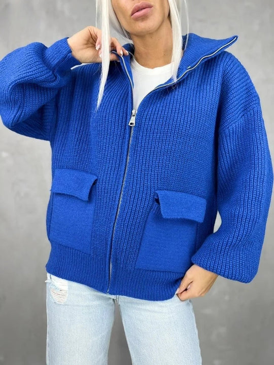 EB | Jacke Strickstoff Lockere Passform Rippstruktur Reißverschluss Taschen