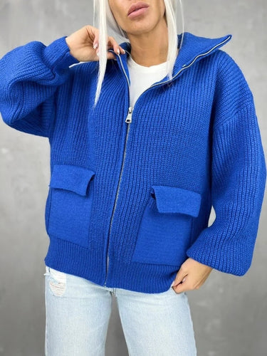 EB | Jacke Strickstoff Lockere Passform Rippstruktur Reißverschluss Taschen