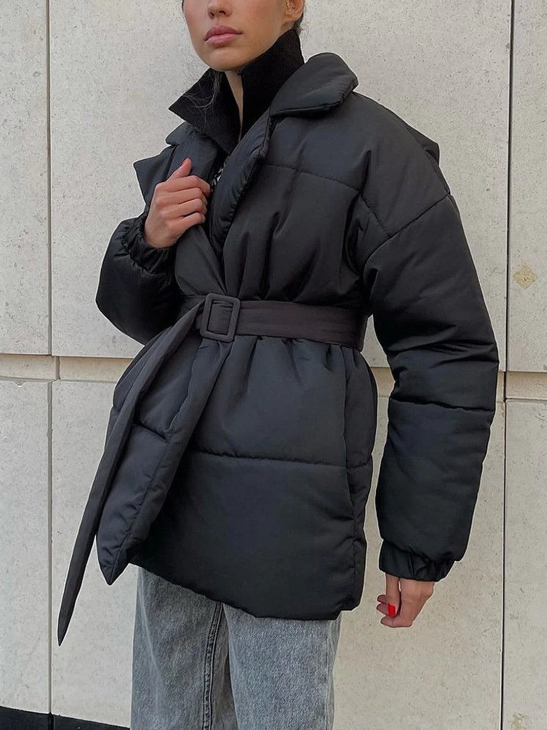 EB | Gürteltaschen Pufferjacke Wickel Front Stepp Wintermantel