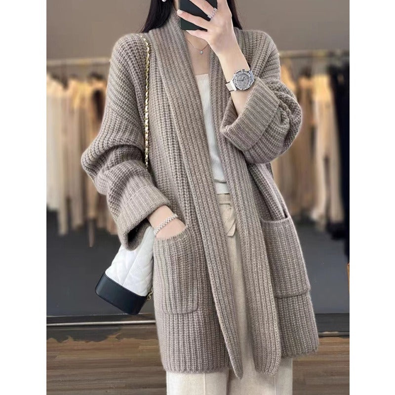 EB | Strickjacke Übergröße Passform Grobstrick Schal Kragen Langes Modell mit Taschen