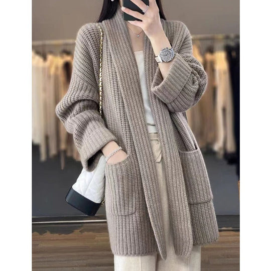 EB | Strickjacke Übergröße Passform Grobstrick Schal Kragen Langes Modell mit Taschen