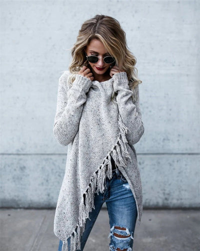 EB | Poncho Wollmischung Asymmetrischer Schnitt Fransenabschluss Lässige Passform