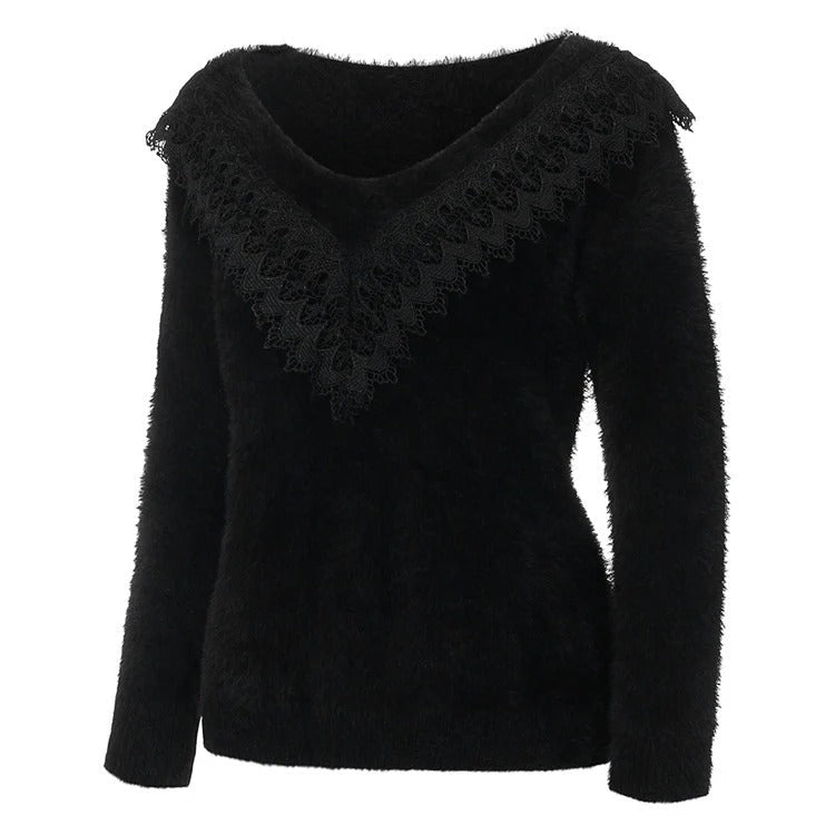 EB | Slim Fit Weiche Stricktextur Spitzen V-Ausschnitt Langarm