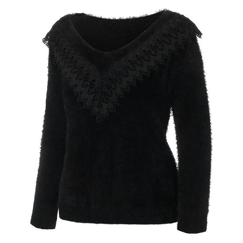 EB | Slim Fit Weiche Stricktextur Spitzen V-Ausschnitt Langarm