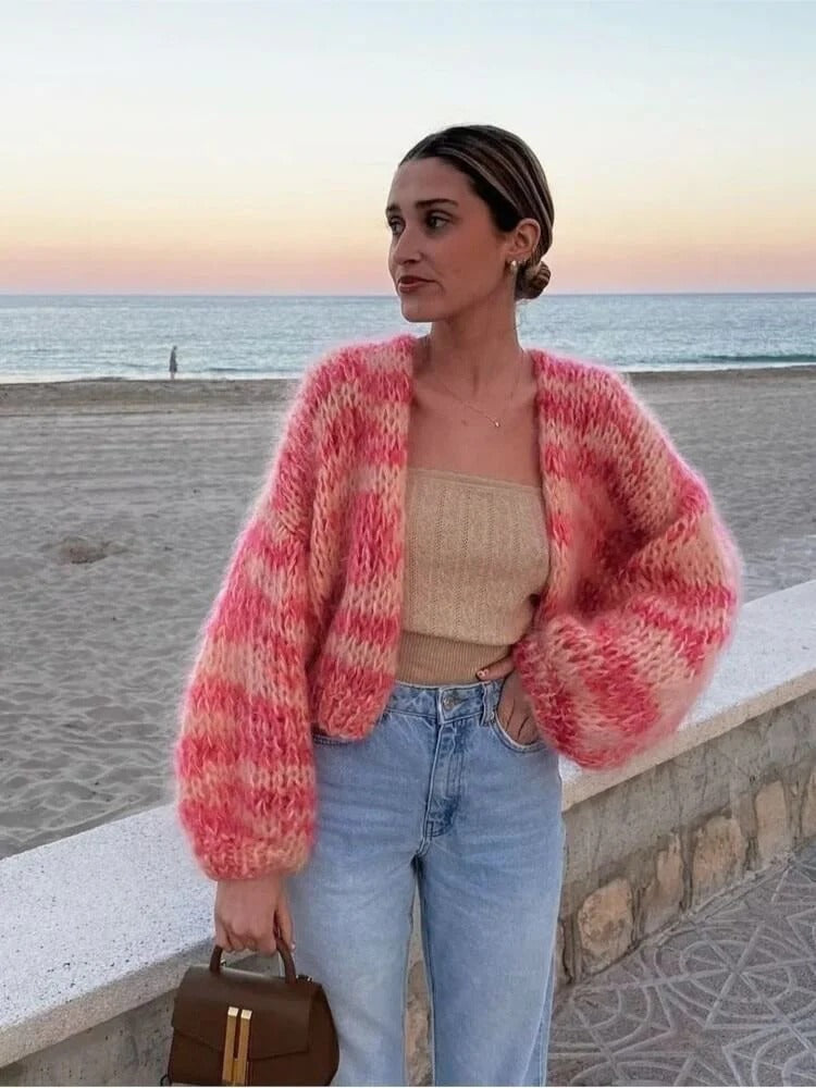 EB | Strickjacke Wool Blend Cropped Passform Offene Vorderseite Ballonärmel