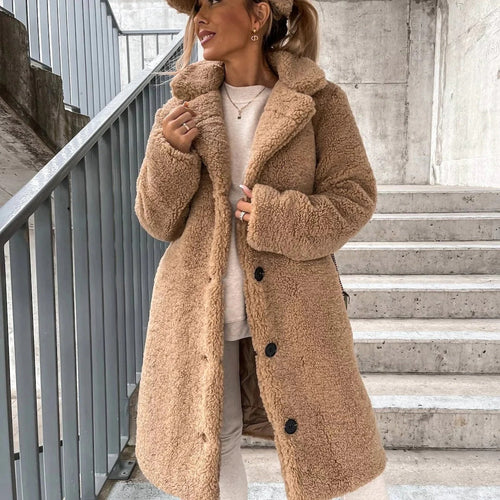 EB | Mantel - Oversized Passform - Weiches Imitations-Schaffell - Lange Länge - Eingeschnittener Kragen