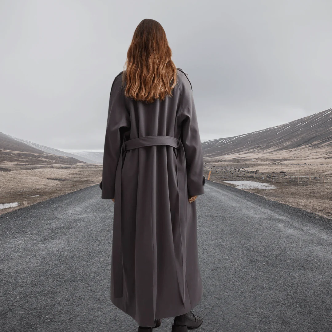 EB | Trench Mantel Wollmischung Relaxed Passform Vollständig Länge Krawatte Gürtel