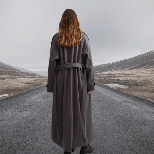 EB | Trench Mantel Wollmischung Relaxed Passform Vollständig Länge Krawatte Gürtel