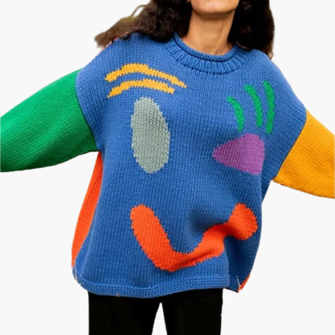 EB | Strickpullover Im Künstlerstil - Gemütlicher Freizeit-Jumper mit Abstraktem Gesichtsmuster