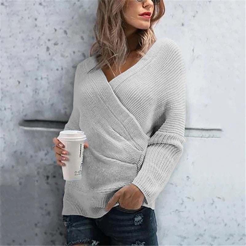 EB | Wickelpullover Strukturstrick V-Ausschnitt Lässige Passform Gerippte Details