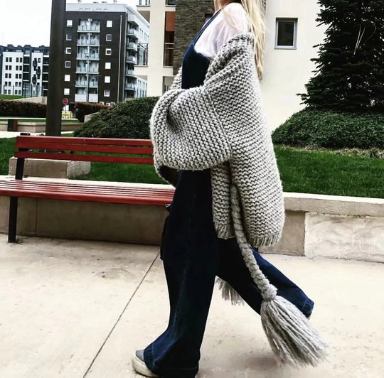 EB | Strickjacke Grobstrick Übergröße Passform Geflochtenem Taillengürtel Langarm