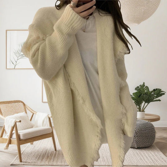 EB | Strickjacke Gestricktes Material Übergröße Passform Fransen Kanten Offene Vorderseite