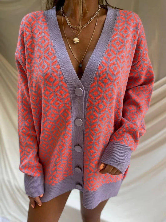 EB | Strickjacke Strick Übergröße Passform Wollmischung V-Ausschnitt Geometrisches Muster