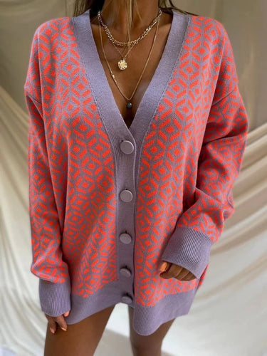 EB | Strickjacke Strick Übergröße Passform Wollmischung V-Ausschnitt Geometrisches Muster