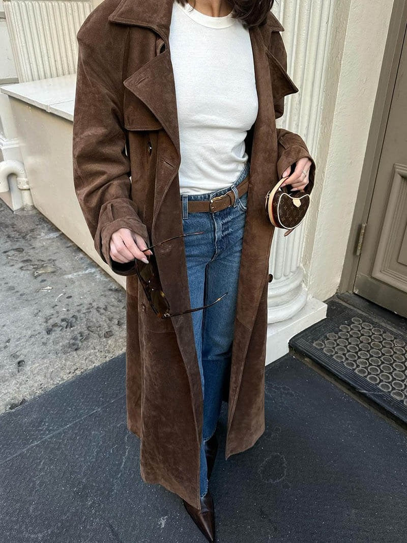 EB | Trenchcoat Relaxed Fit Wildledertextur Doppelreiher Mit Gürtel