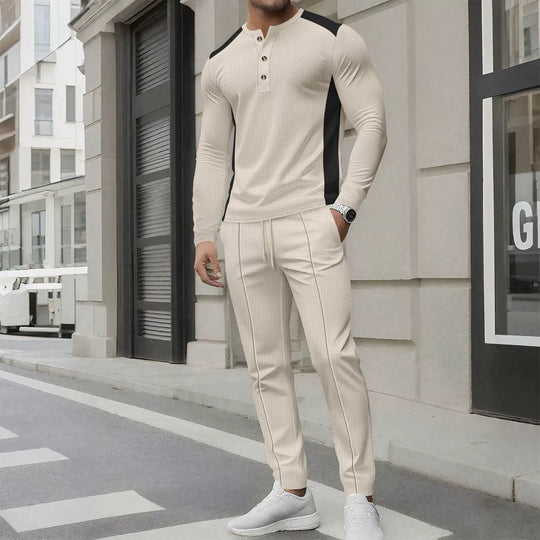 EB | Satz mit Henley Sweater und Hose Slim Passform Waffelstruktur Knopfkragen