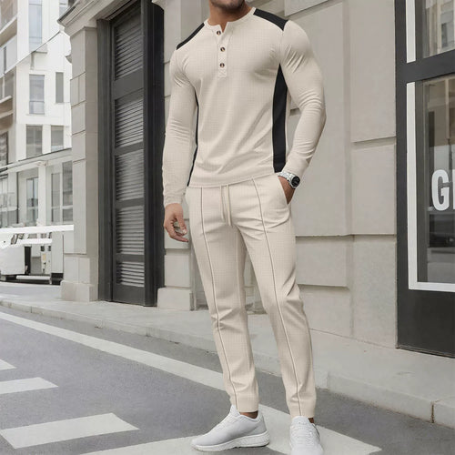 EB | Satz mit Henley Sweater und Hose Slim Passform Waffelstruktur Knopfkragen
