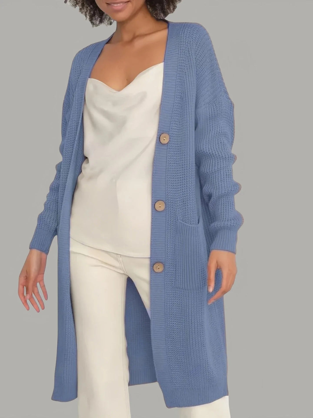EB | Lange Strickjacke Weiches Strick Lockerer Schnitt Knöpfe mit Taschen