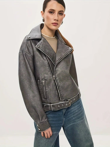 EB | Lederjacke Übergröße Passform Biker Stil Gürtel in Der Taille Reißverschluss Details