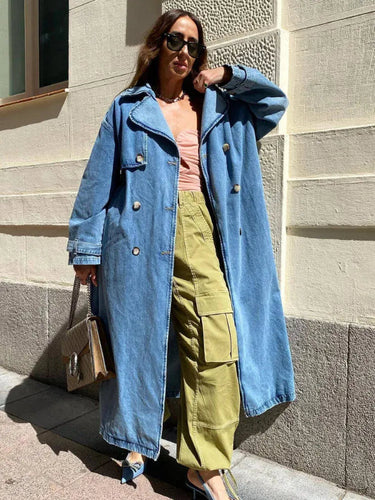 EB | Trenchcoat Oversized Fit Denimstruktur Vollständig Länge Knopf Vorderseite