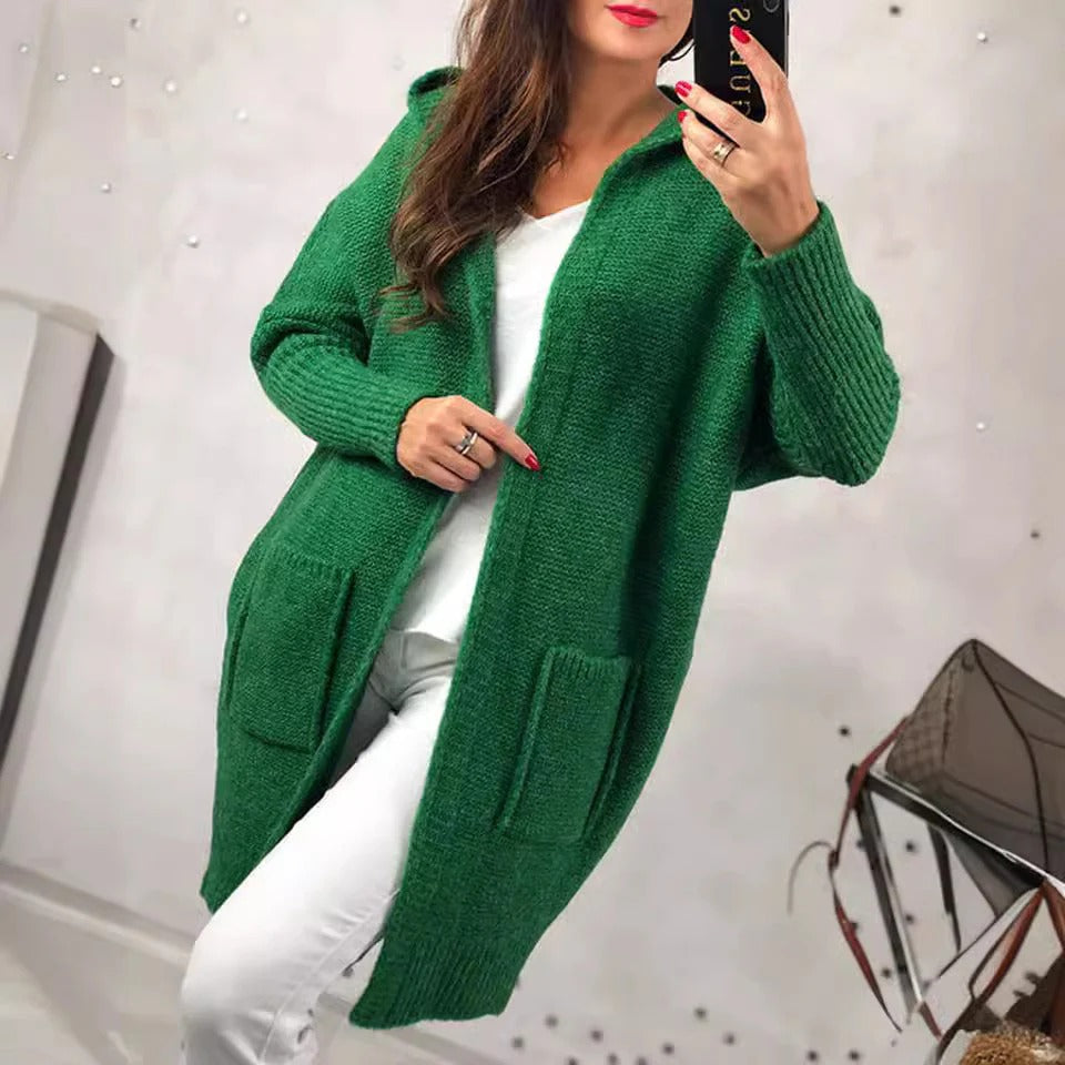 EB | Strickjacke Übergröße Wollähnliche Strick Kapuze Offene Vorderseite Taschen