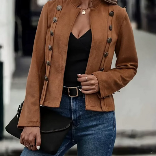EB | Jacke Taillierte Passform Wildledertextur Hoher Kragen Asymmetrische Knopfkleidung