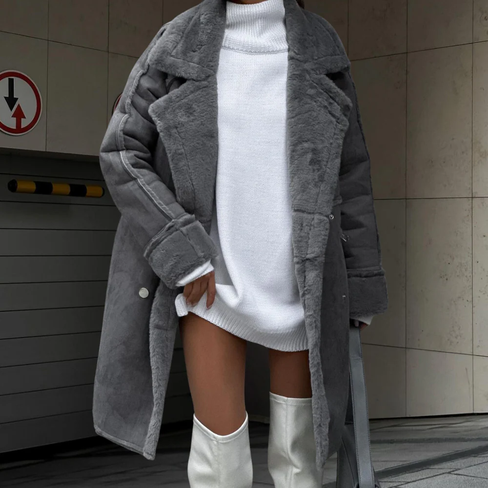 EB | Langer Mantel Oversized Schnitt Weiches Samtmaterial Breite Revers